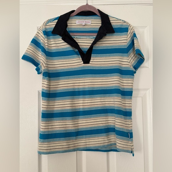 Orlebar Brown Polo Shirt Men’s Blue Cream Striped Size Large - Picture 1 of 5